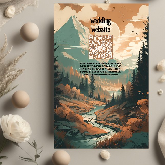 Rustic Mountain Forest Evergreen Wedding QR Code Enclosure Card (Creator Uploaded)