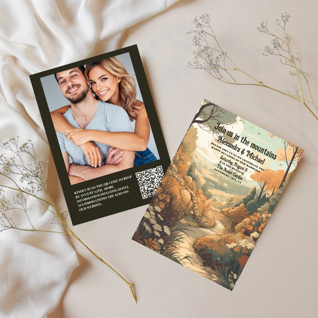 Rustic Mountain Forest Evergreen Wedding QR Code Invitation (Creator Uploaded)