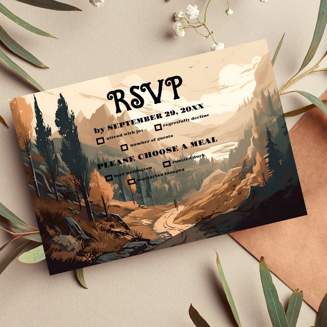 Rustic Mountain Forest Evergreen Wedding RSVP Card (Creator Uploaded)