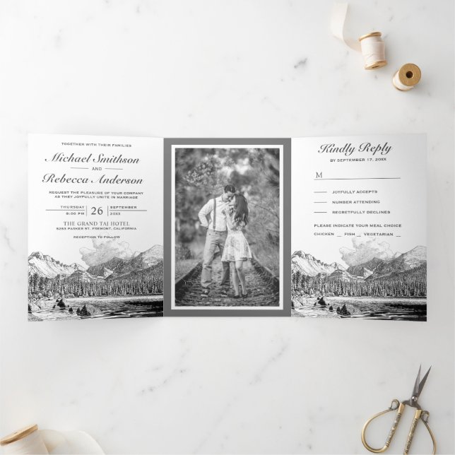 Rustic Mountain Forest Lake All in One Wedding Tri-Fold Invitation (Inside)