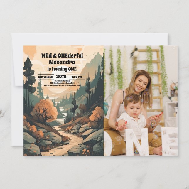 Rustic Mountain Forest Photo 1st Birthday Invitation (Front)