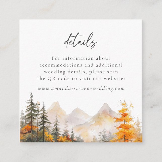 Rustic Mountain Forest QR Code Wedding Details Enclosure Card (Front)