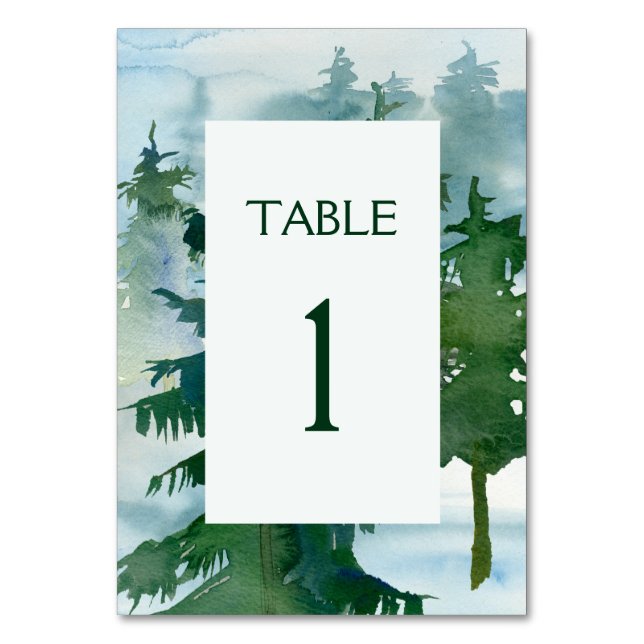 Rustic Mountain Forest Watercolor Wedding Table Number (Front)