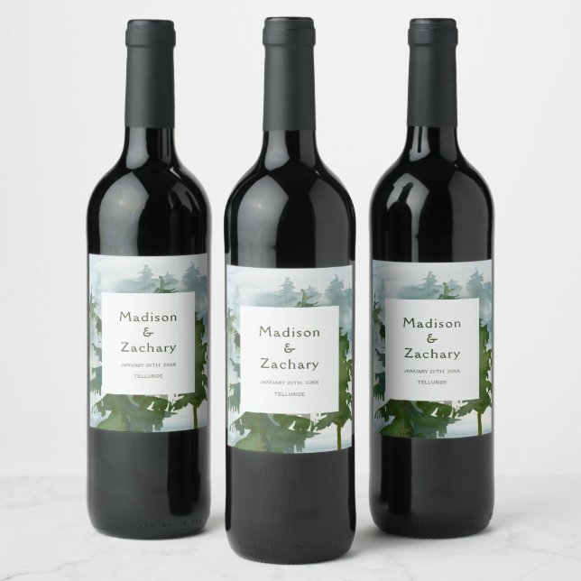Rustic Mountain Forest Watercolor Wedding Wine Label (Bottles)