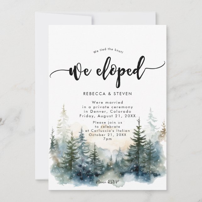 rustic mountain forest we eloped invitation (Front)