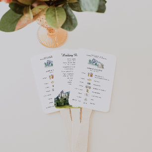 Rustic Mountain Illustrated Timeline Wedding Hand Fan