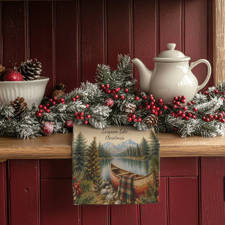 Rustic Mountain Lake Canoe Christmas Tea Towel