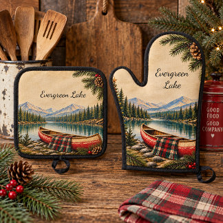 Rustic Mountain Lake Canoe Evergreens | Oven Mitt & Pot Holder Set