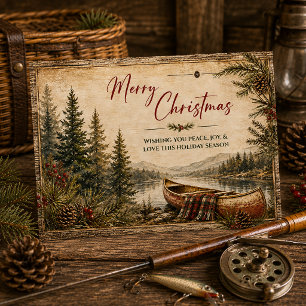 Rustic Mountain Lake Canoe Landscape Christmas   Holiday Card