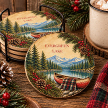 Rustic Mountain Lake Canoe Lodge Cabin Christmas |