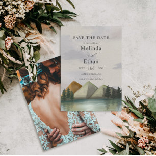 Rustic Mountain & Lake Evergreen Save The Date Invitation