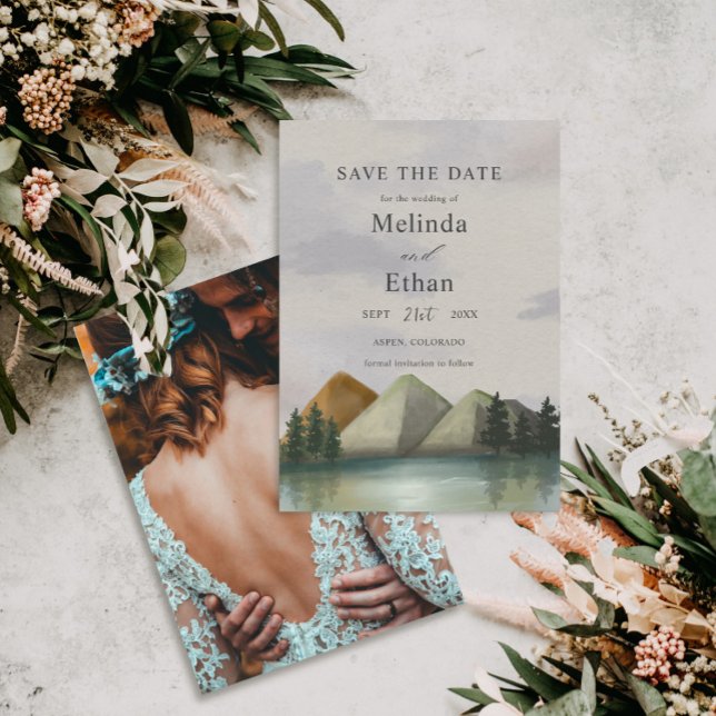 Rustic Mountain & Lake Evergreen Save The Date Invitation (Creator Uploaded)