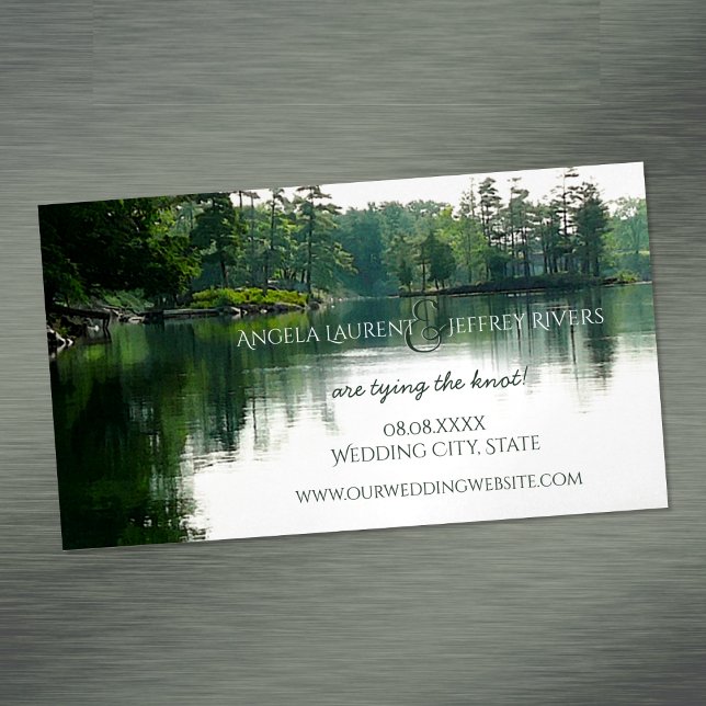Rustic mountain lake evergreen save the date 	Magnetic business card (Creator Uploaded)