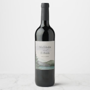Rustic Mountain & Lake Evergreen Wedding Wine Label