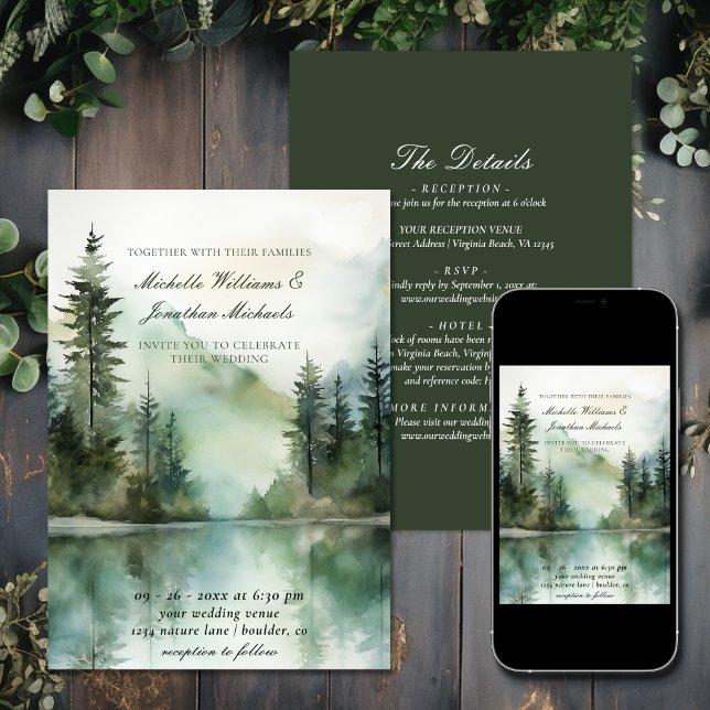 Rustic Mountain Lake Forest All in One Wedding Invitation (Rustic Mountain Lake Forest All in One Wedding Invitation)