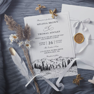 Rustic Mountain Lake Forest Budget QR Code Wedding Invitation