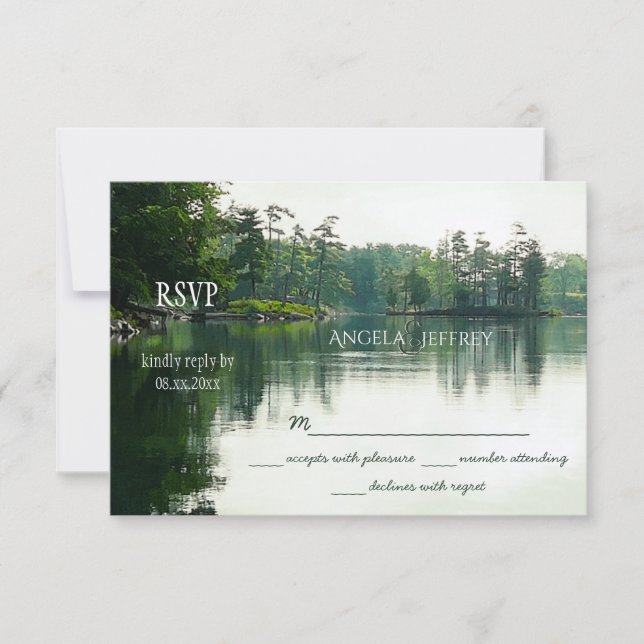 Rustic mountain lake heron silhouette wedding RSVP Card (Front)