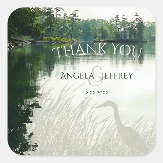 Rustic mountain lake heron wedding thank you square sticker (Front)