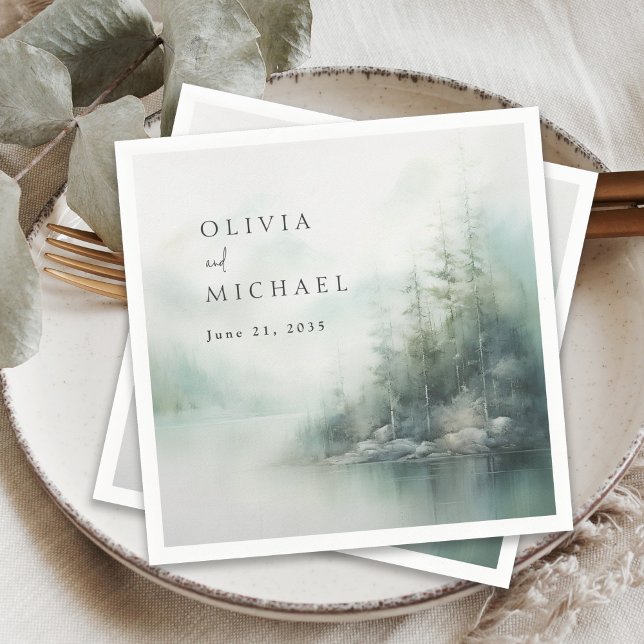 Rustic Mountain Lake Misty Pines Modern Wedding Napkin (Creator Uploaded)