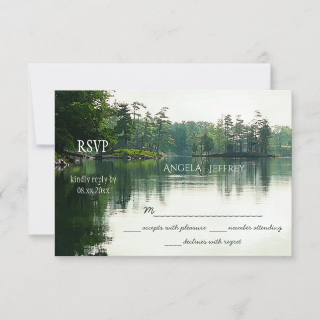 Rustic mountain lake reflection wedding RSVP Card (Front)