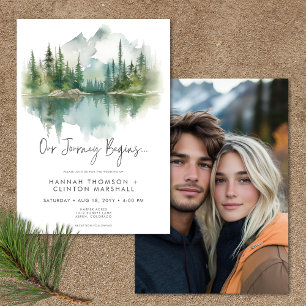 Rustic Mountain Lake Scene Watercolor Photo Invitation