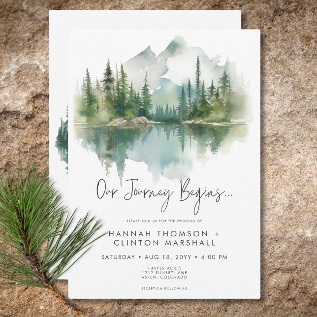 Rustic Mountain Lake Scene Watercolor Wedding Invitation (Rustic Mountain Lake Scene Watercolor Wedding Invitation)