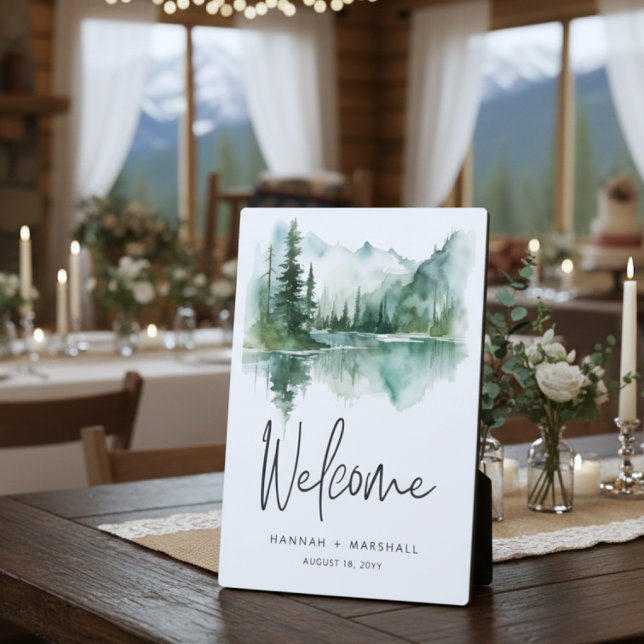 Rustic Mountain Lake Scene Watercolor Wedding Plaque (Creator Uploaded)