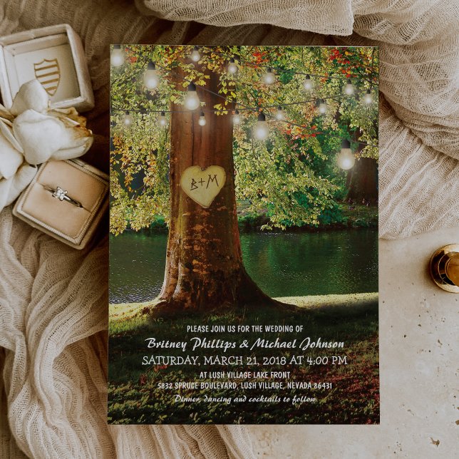 Rustic Mountain Lake Twinkle Lights Wedding Invitation (Creator Uploaded)