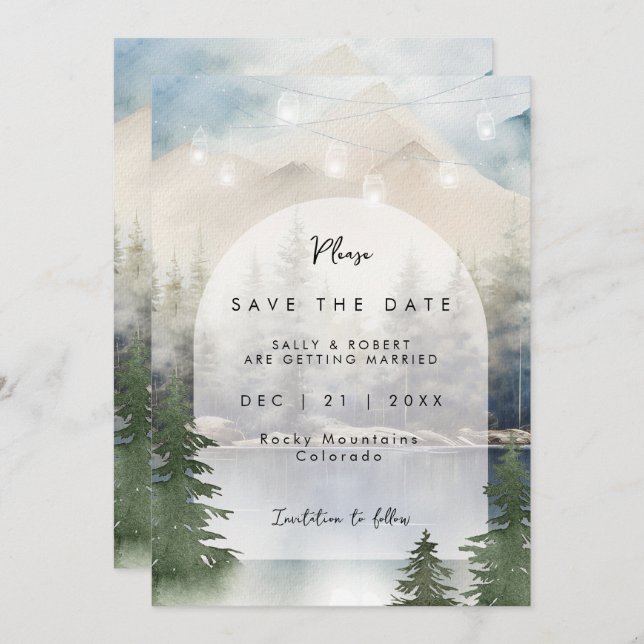 rustic mountain lake wedding save the date card (Front/Back)