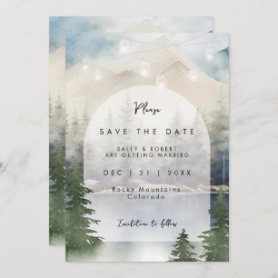 rustic mountain lake wedding save the date card