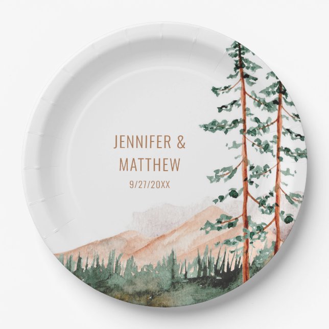 Rustic Mountain Landscape, Fog, Pine Trees Wedding Paper Plate (Front)