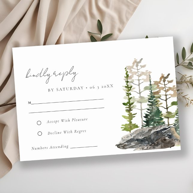 Rustic Mountain Pine Forest Wood Cabin Wedding RSVP Card (Creator Uploaded)