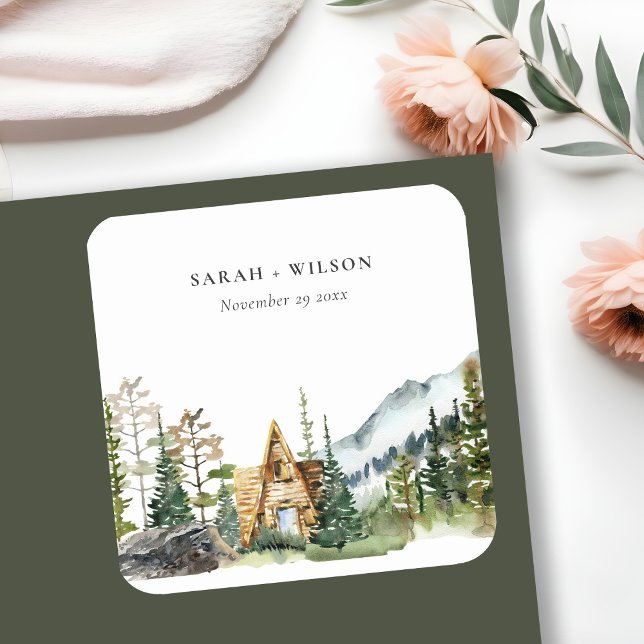 Rustic Mountain Pine Forest Wood Cabin Wedding Square Sticker (Creator Uploaded)