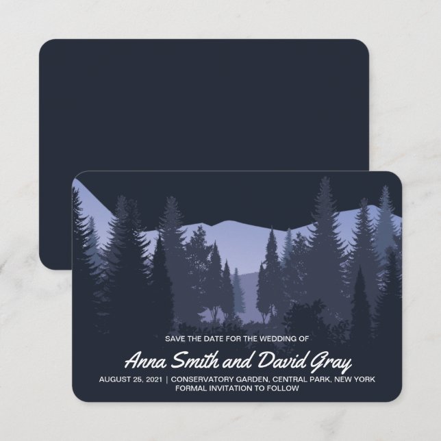 Rustic Mountain Pine Trees Blue Save The Date Card (Front/Back)