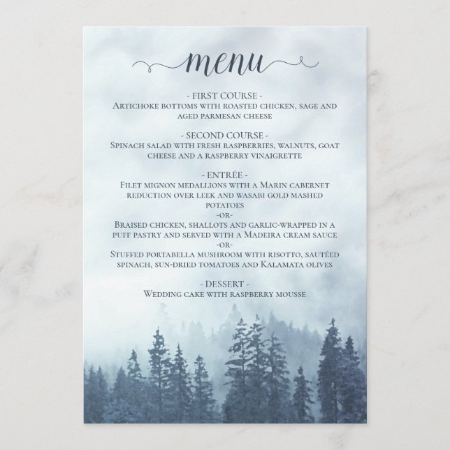 Rustic Mountain Pine Trees Blue Wedding Menu (Front)