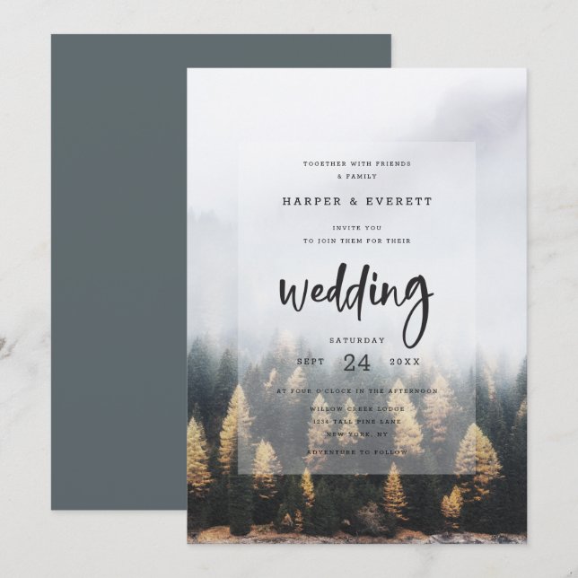 Rustic Mountain Pine Trees Fall Forest Wedding Invitation (Front/Back)