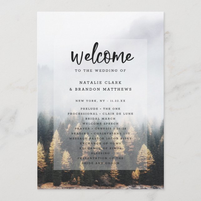 Rustic Mountain Pine Trees Fall Wedding Ceremony Program (Front)