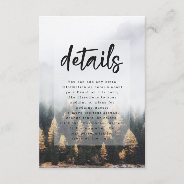 Rustic Mountain Pine Trees Fall Wedding Details Enclosure Card (Front)