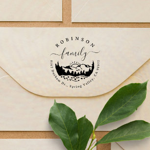 Rustic Mountain Pine Trees Family Return Address Rubber Stamp