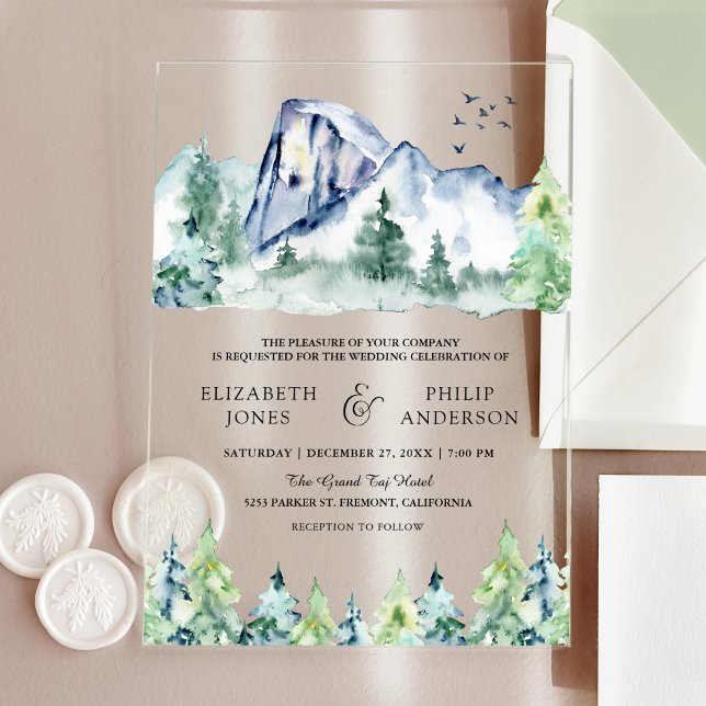 Rustic Mountain Pine Trees Forest Wedding Acrylic Invitations (Creator Uploaded)