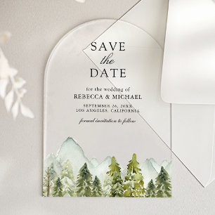 Rustic Mountain Pine Trees Wedding Save the Date Acrylic Invitations