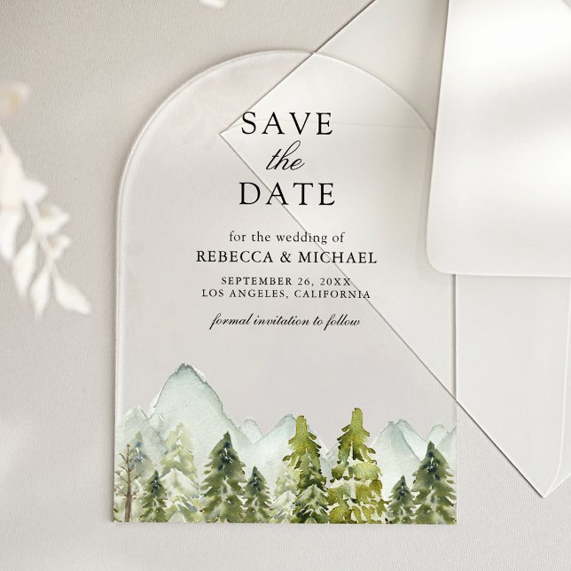 Rustic Mountain Pine Trees Wedding Save the Date Acrylic Invitations (Creator Uploaded)