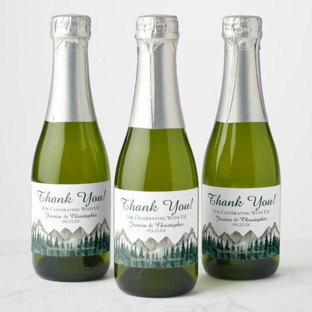 Rustic Mountain & Pine Wedding Thank You Mini Sparkling Wine Label (Bottles)