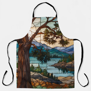 Rustic mountain range landscape stain glass  apron