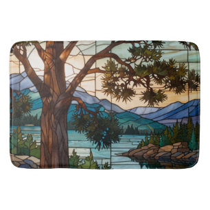 Rustic mountain range landscape stain glass bath mat