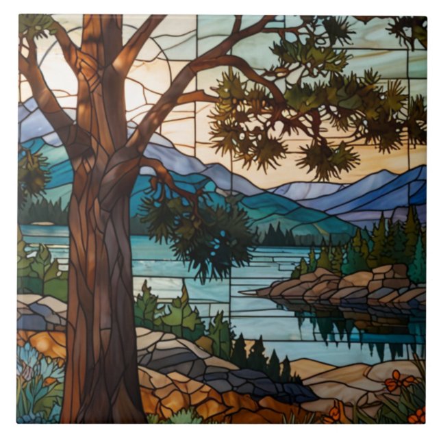 Rustic mountain range landscape stain glass  ceramic tile (Front)