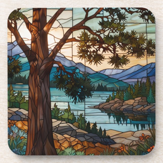 Rustic mountain range landscape stain glass  coaster (Front)