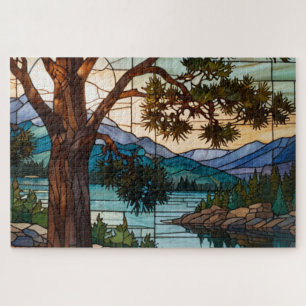 Rustic mountain range landscape stain glass jigsaw puzzle