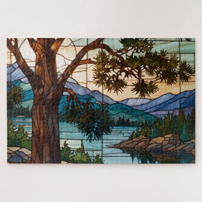 Rustic mountain range landscape stain glass  jigsaw puzzle (Horizontal)