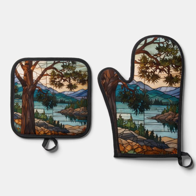 Rustic mountain range landscape stain glass  oven mitt & pot holder set (Front)